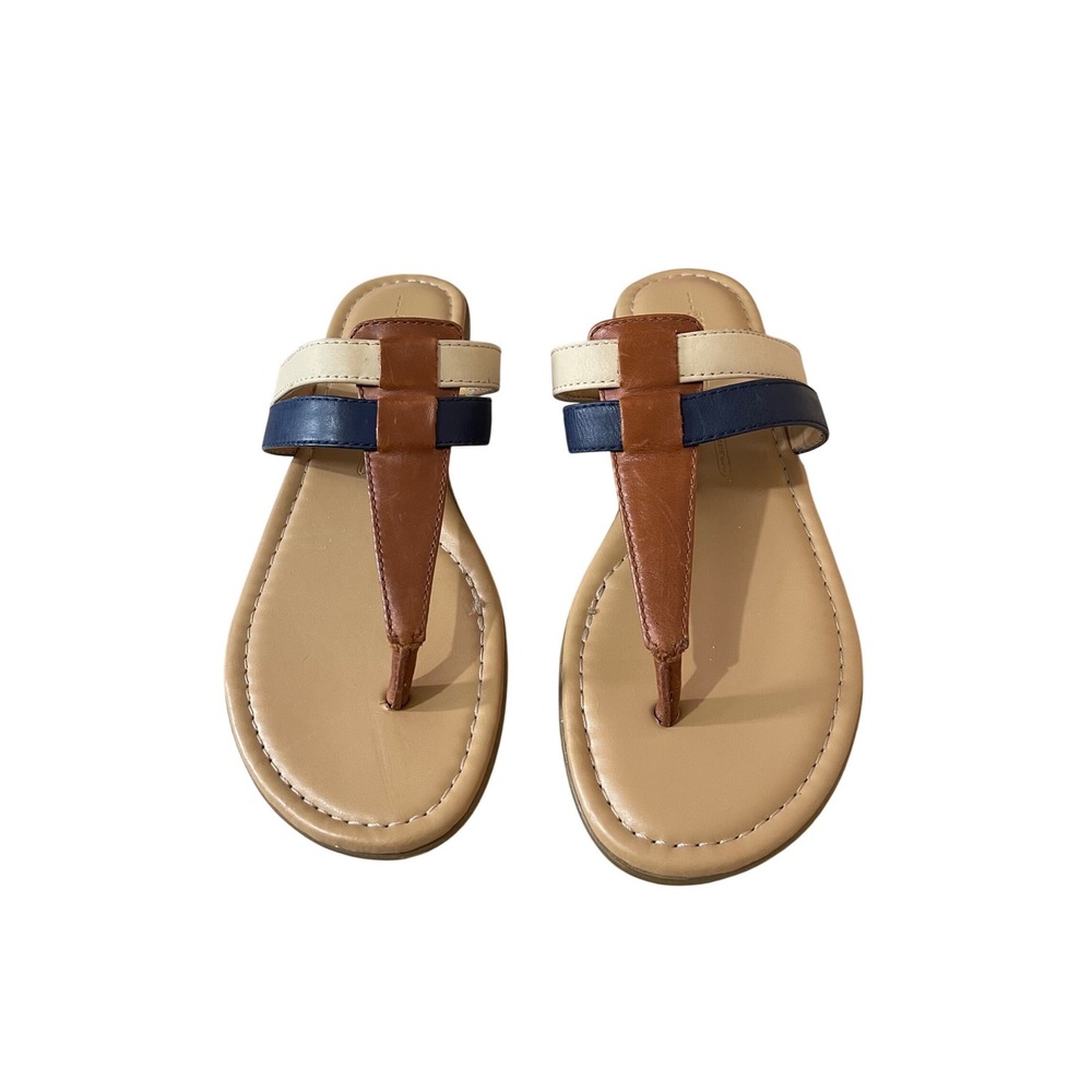 Rockport Walkability Leather Thong Sandals Navy Brown Cream Flat Slides Size 6.5